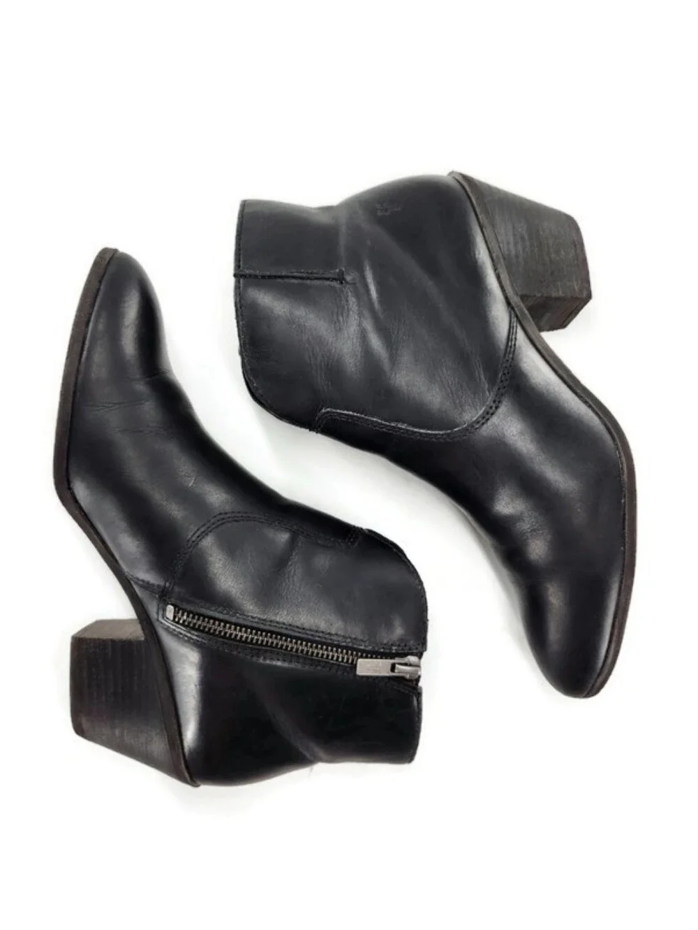 Frye Jennifer Black Leather Almond-Toe Pull-On Side-Zip Block Heel Ankle Booties